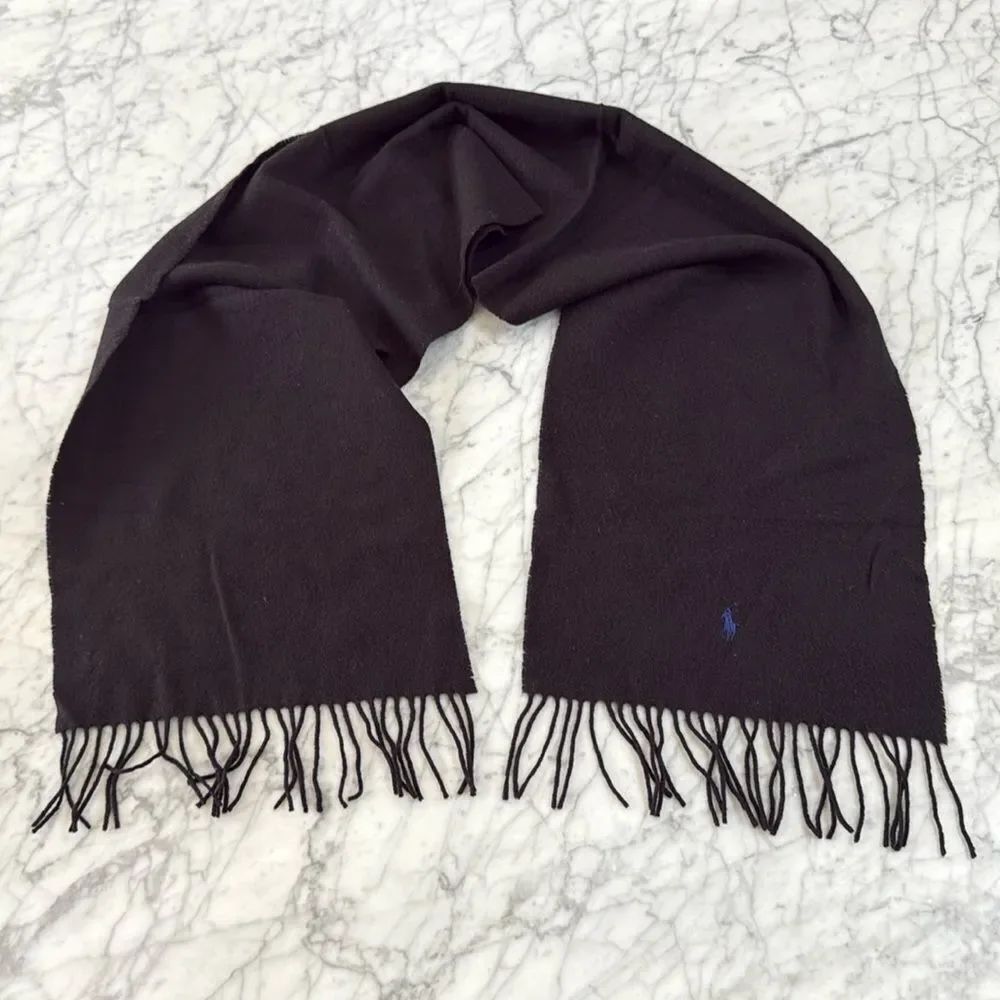 Polo Ralph Lauren 100% Lambs Wool Scarf Black Blue Embroidered